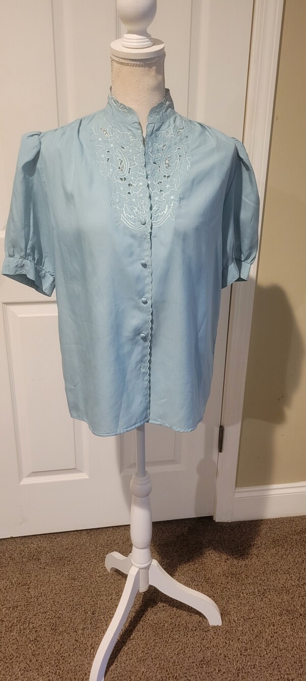 Vintage Blue Puff Sleeve Blouse